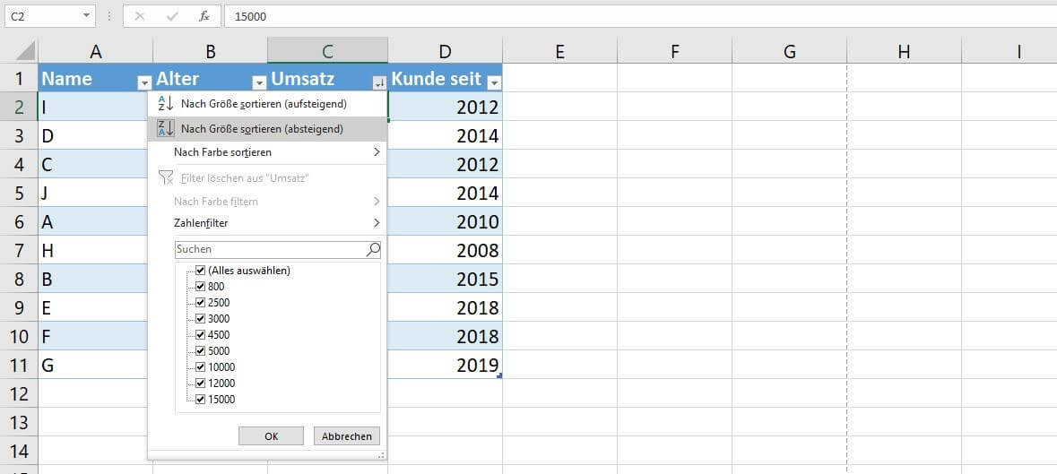 Auswahlfenster für die Sortier- und Filterfunktion von Excel-Tabellen (Excel 2016)