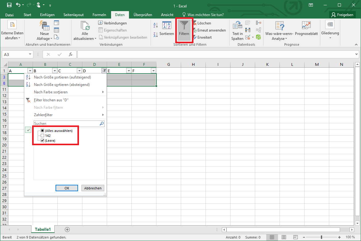 Auswahlmenü, mit dem man sich leere Zeilen in Excel anzeigen lassen kann