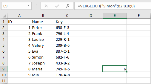 Beispiel in Excel mit VERGLEICH-Funktion