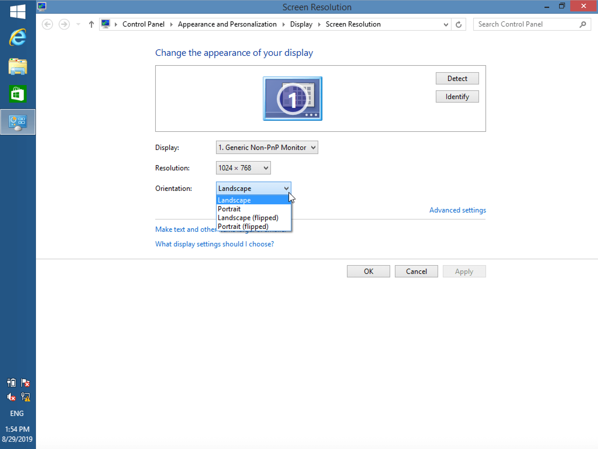 Anzeigeoptionen, um in Windows 8 den Bildschirm zu drehen