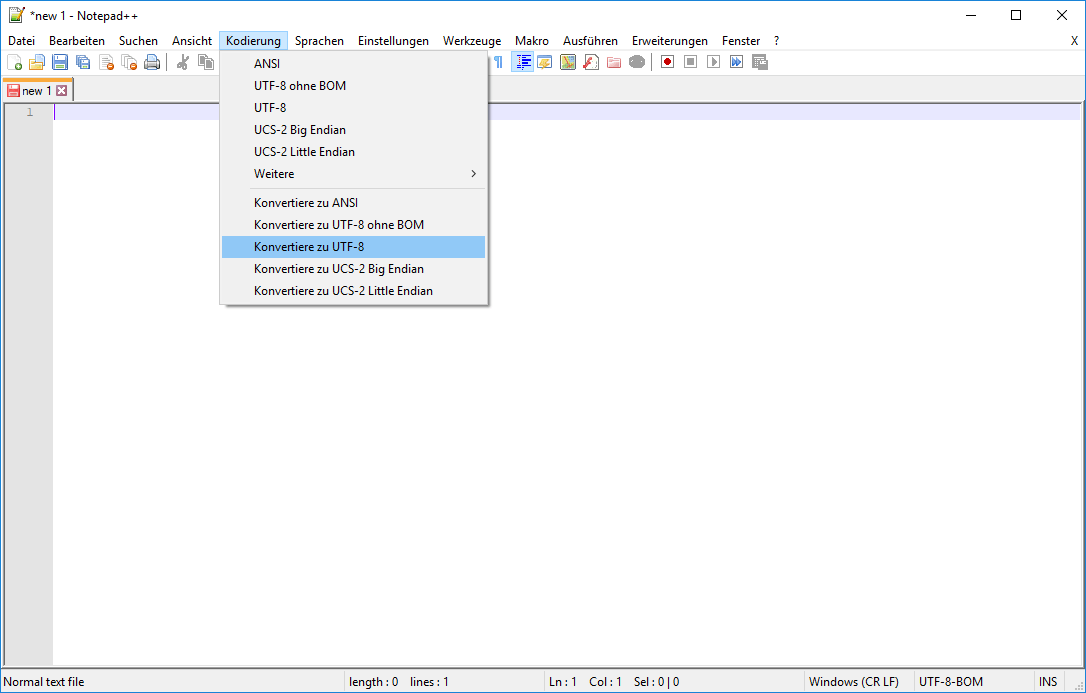 Ändern der Kodierung in Notepad++ zum Entfernen des Byte Order Marks
