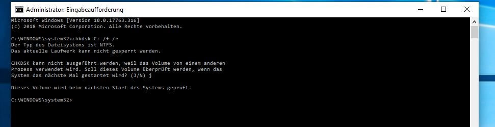 Windows-Eingabeaufforderung: Start von CHKDSK