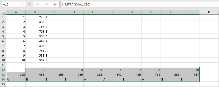 Darstellung, wie man mit MTRANS-Funktion in Excel transponiert