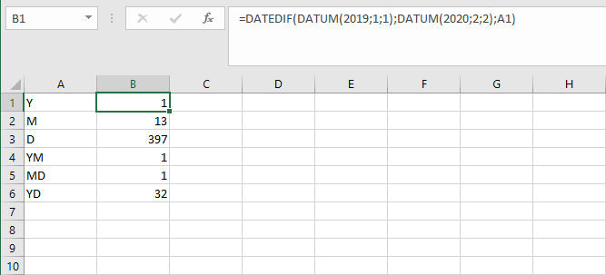 DATEDIF-Funktion in Excel mit verschiedenen Einheiten
