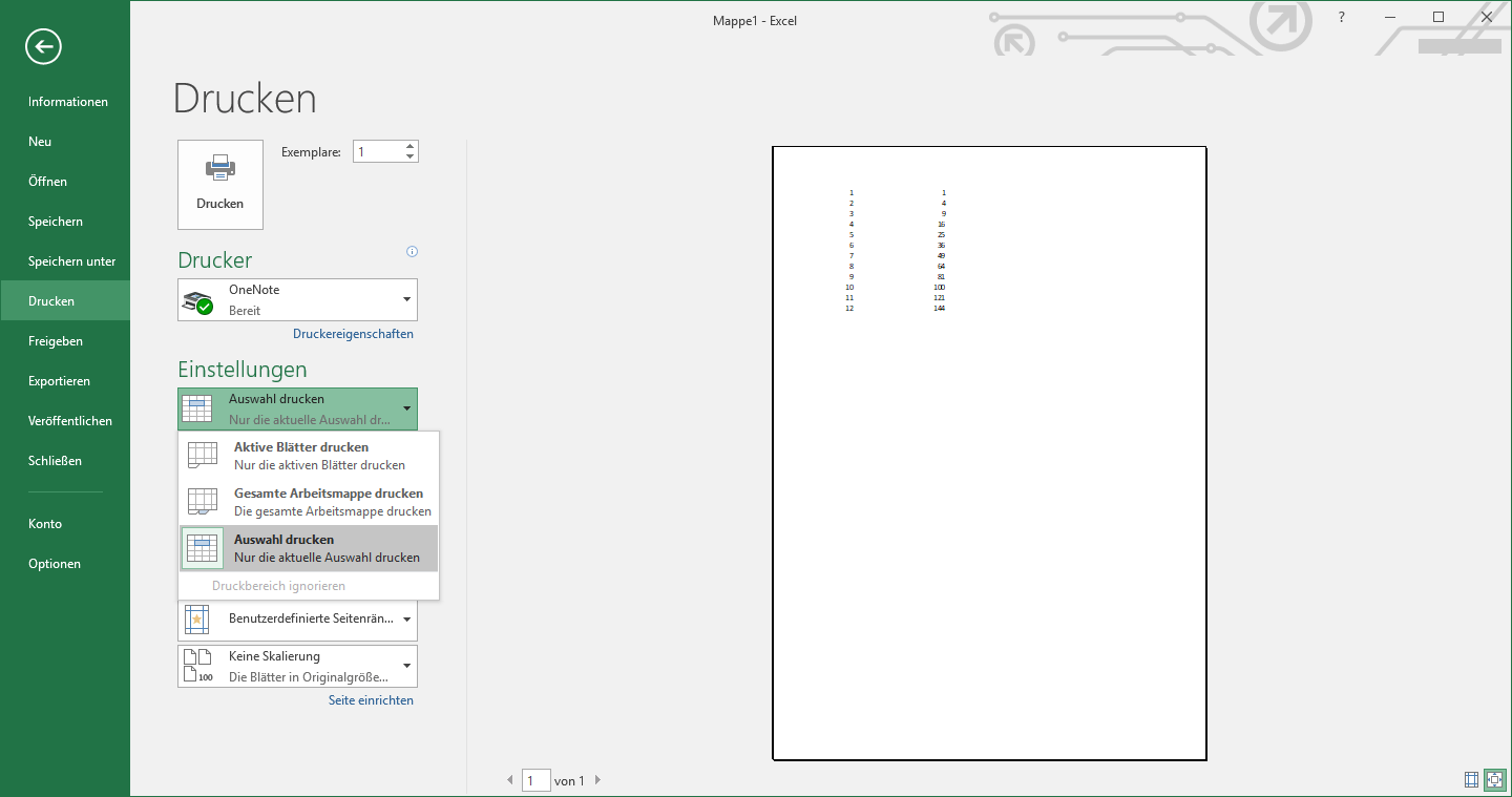 Druckmenü in Excel