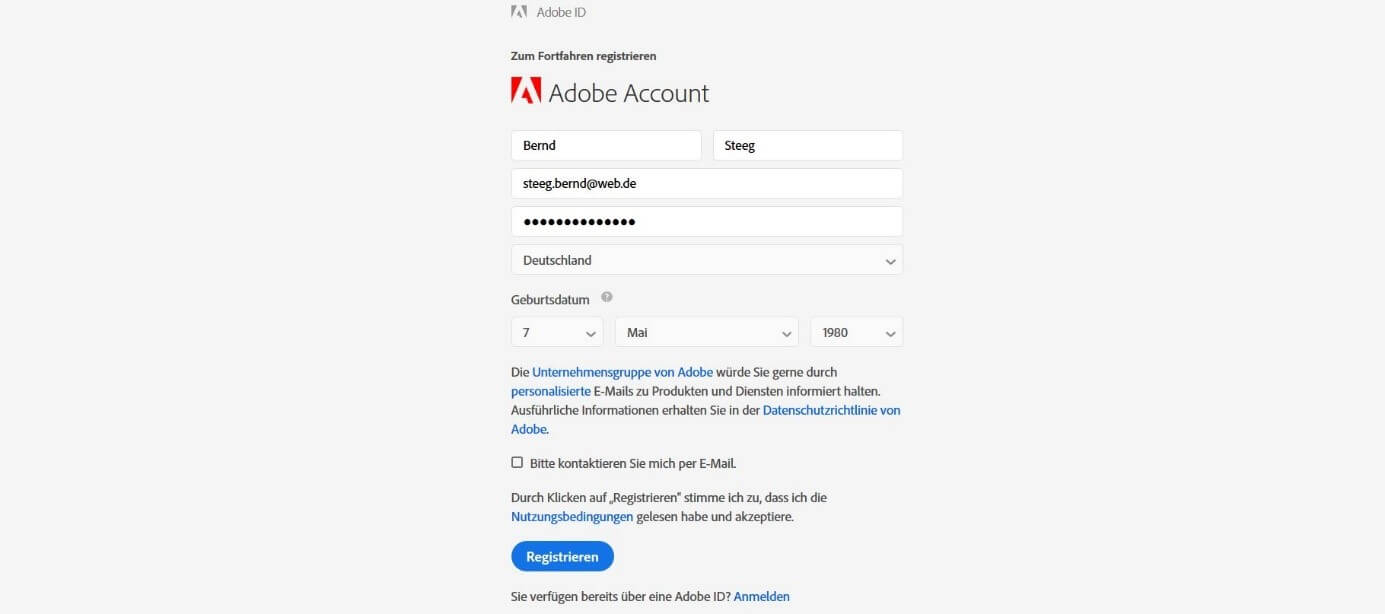 Erstellung der Adobe-ID
