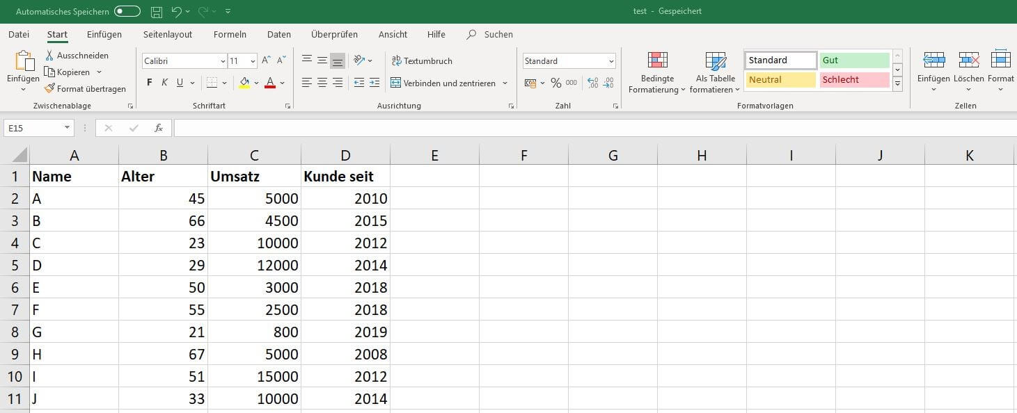 Excel 2016: Beispiel-Datensatz