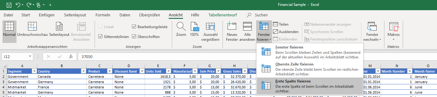 Excel 2016: Fenster-fixieren-Menü