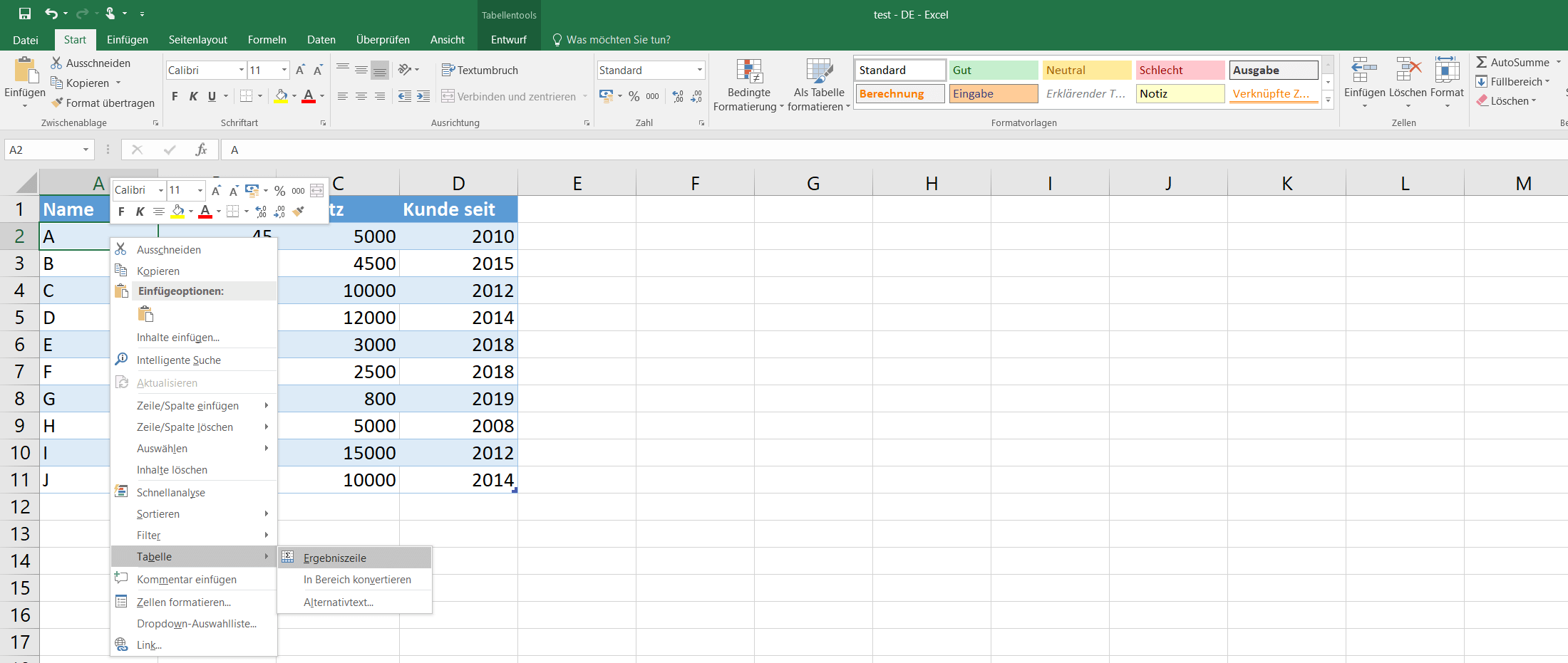 Excel 2016: Hinzufügen der Tabellen-Ergebniszeile