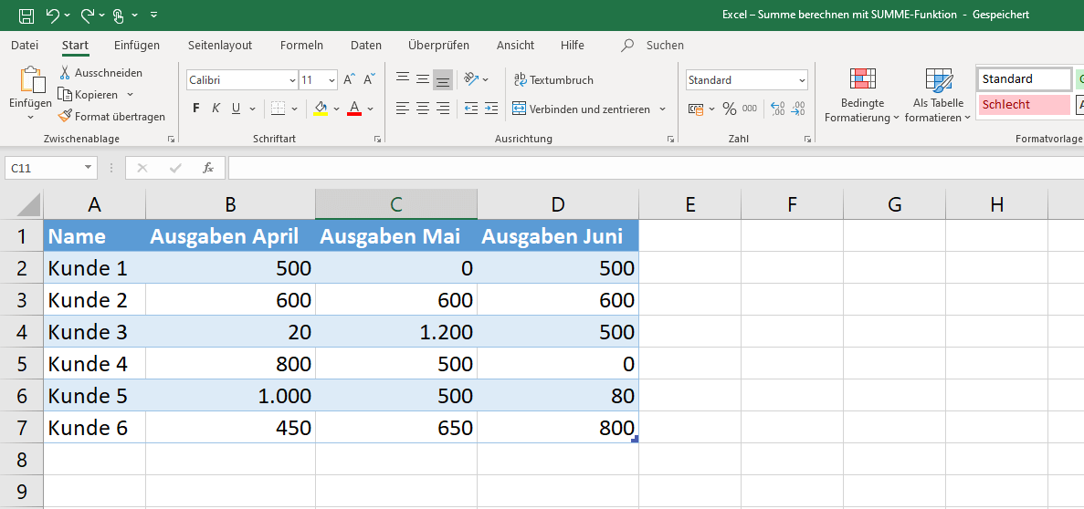 Excel 2016: Tabelle mit Beispiel-Datensatz