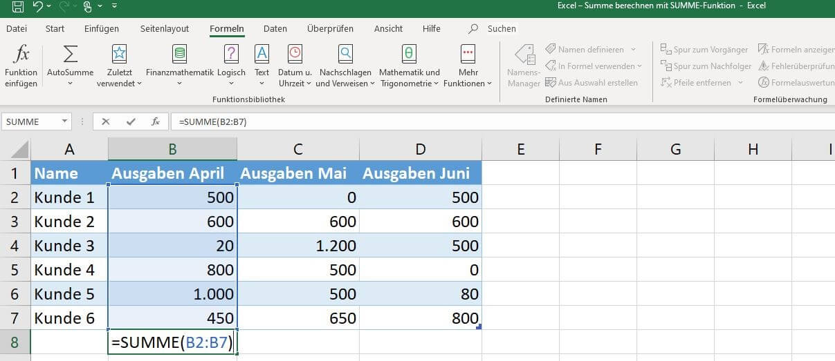 Excel: Summe berechnen für bestimmte Spalte