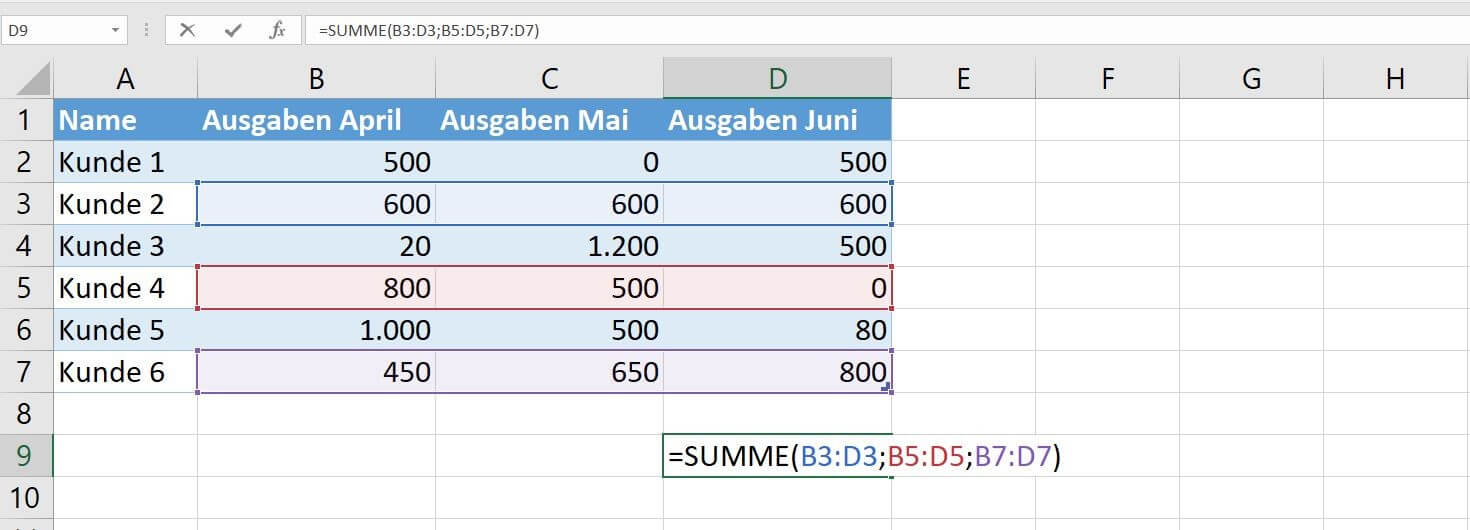 Excel-SUMME-Funktion: Beispiel mit drei Argumenten
