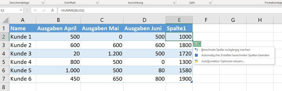 Excel-SUMME-Funktion mit Rückgabewert