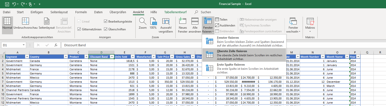 Fenster-fixieren-Menü in Excel 2016