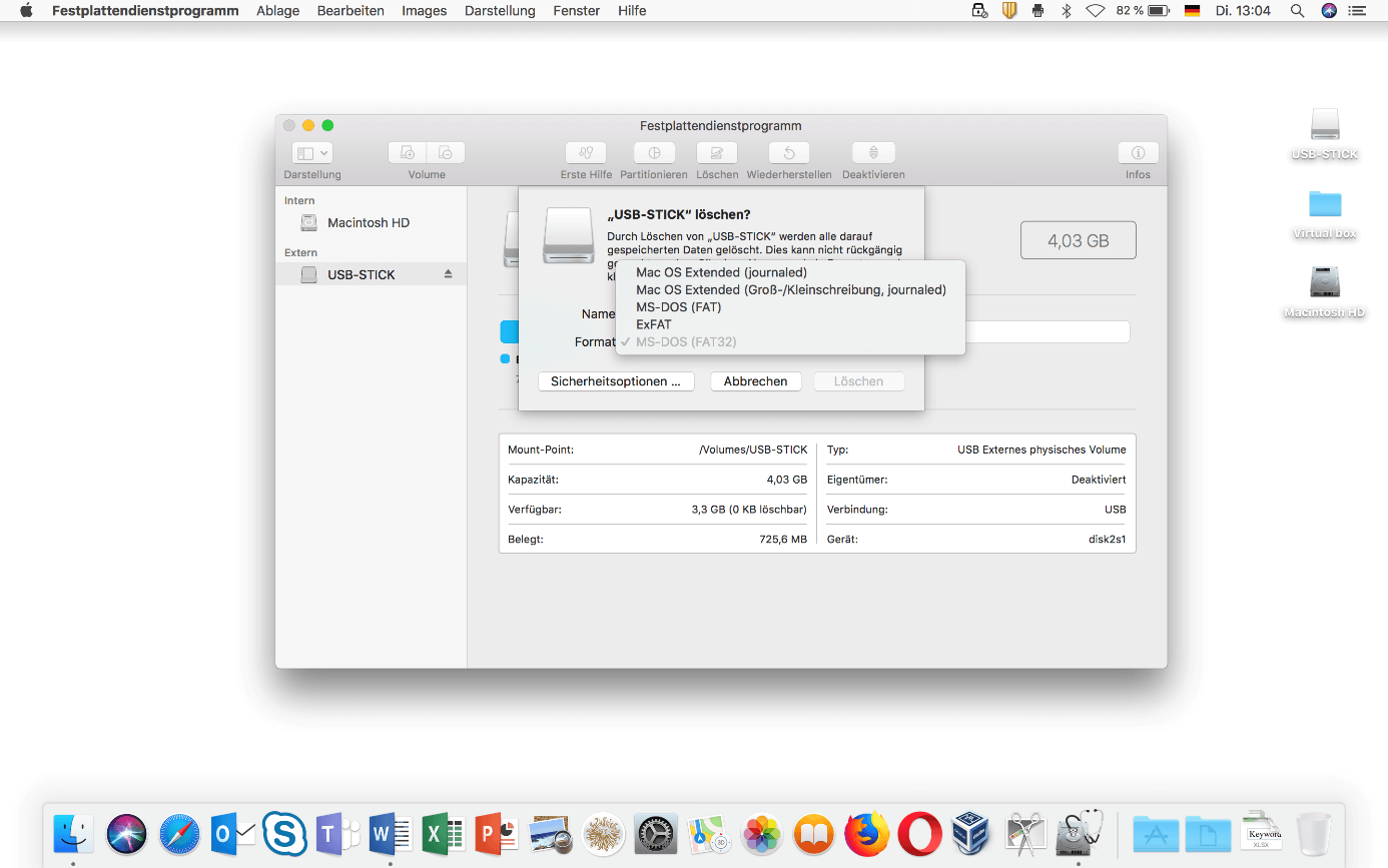 Festplattdendienstprogramm (macOS): Auswahl des USB-Dateisystems