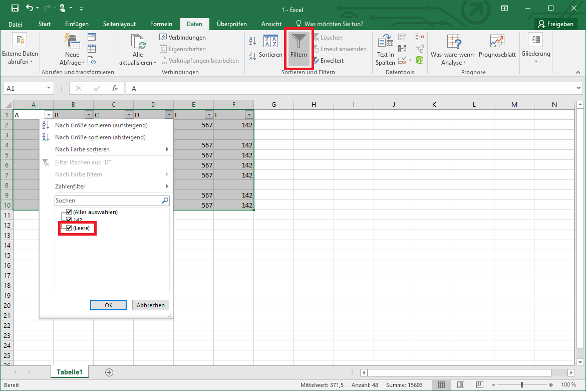 Filter, mit dem sich später in Excel leere Zeilen entfernen lassen