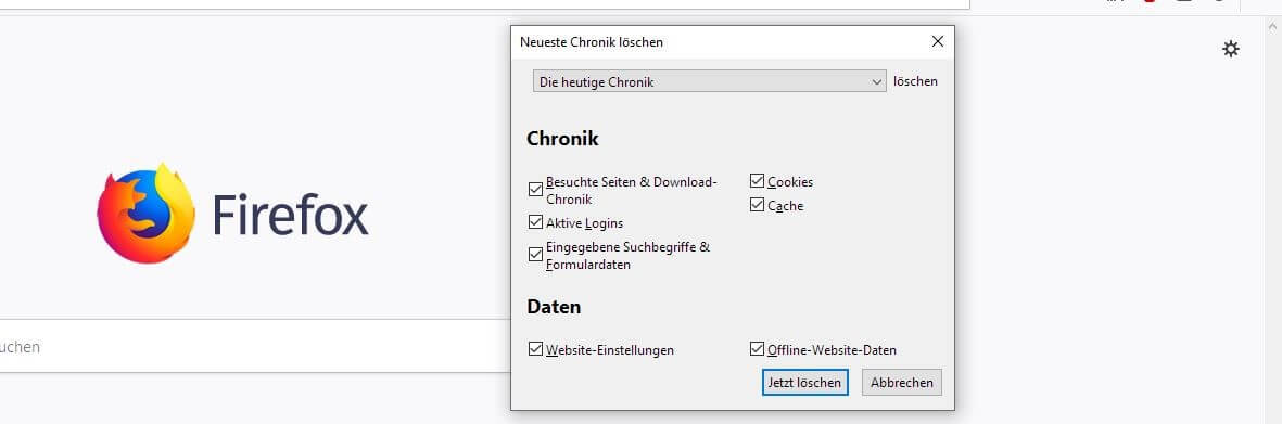Firefox-Dialog „Neueste Chronik löschen“