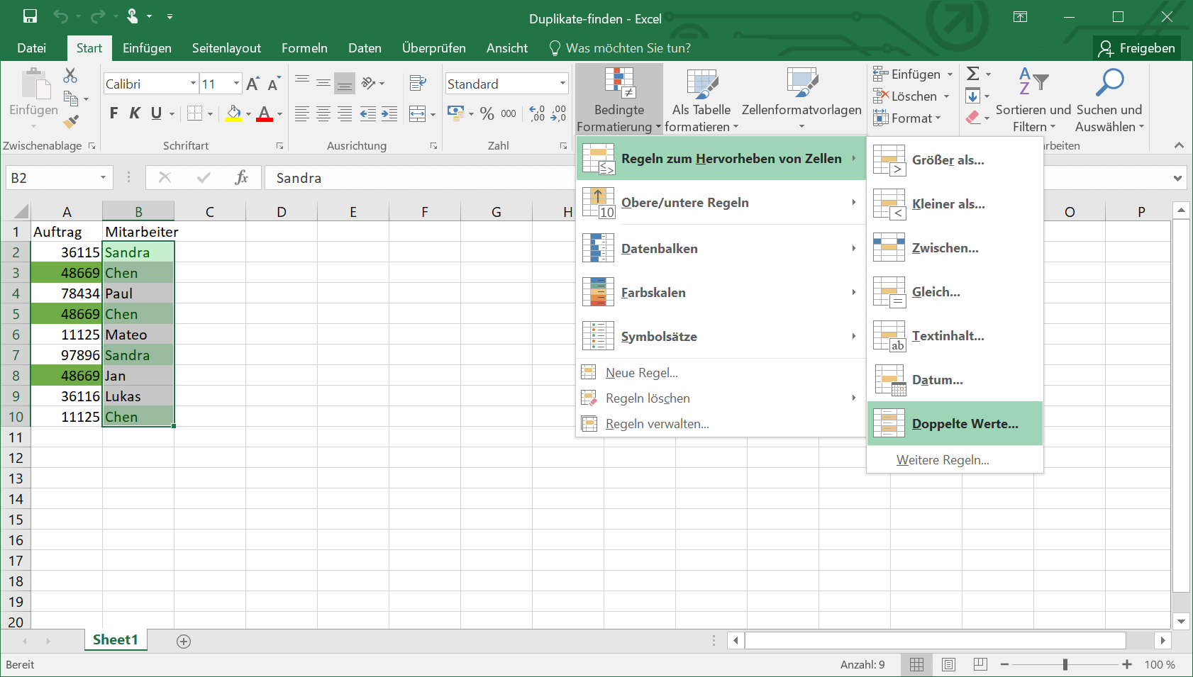 Funktionsmenü in Excel, um sich doppelte Werte anzeigen zu lassen
