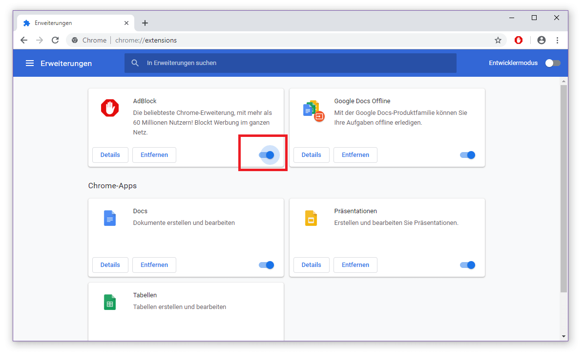 Google Chrome: Übersicht der installierten Browsererweiterungen