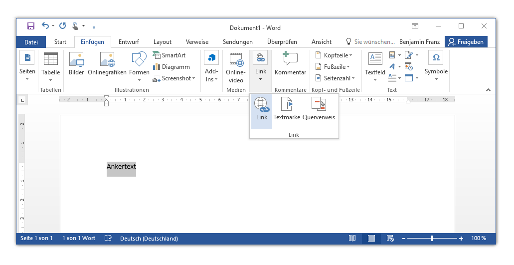 Microsoft Word: Die Schaltfläche „Link“ auf der Registerkarte „Einfügen“