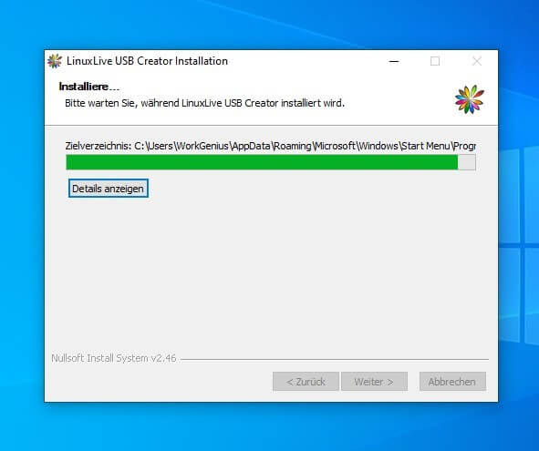 Installationsfortschritt des LinuxLive USB Creator