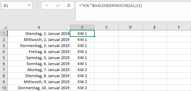 Kalenderwoche in Excel zusätzlich mit Text verknüpft