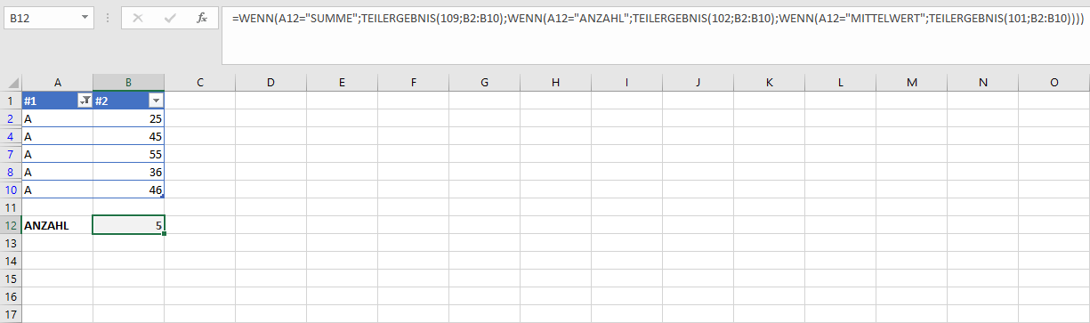 Kombination aus WENN-Abfrage und TEILERGEBNIS-Funktion in einer Excel-Tabelle