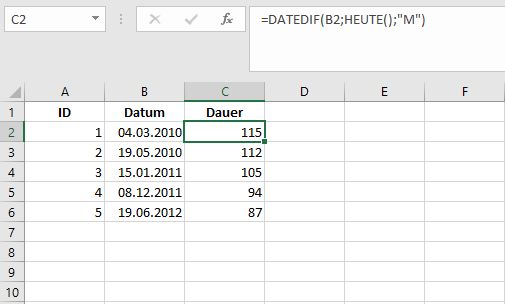 Kombination der Funktionen DATEDIF und HEUTE in Excel