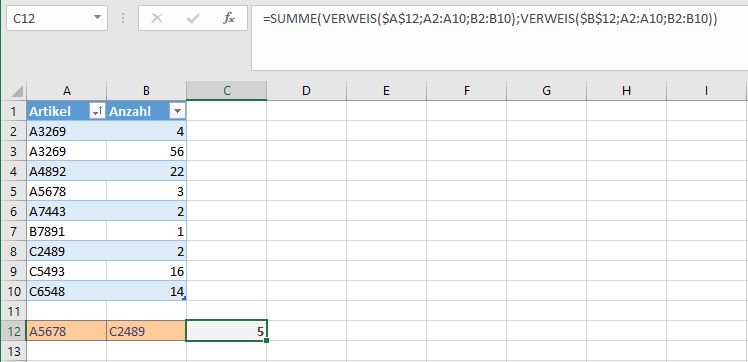 Kombination in Excel aus VERWEIS und SUMME