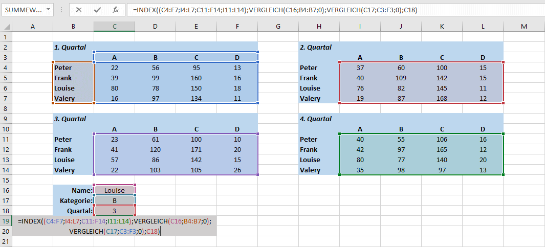 Kombination von INDEX und VERGLEICH in einer Excel-Tabelle