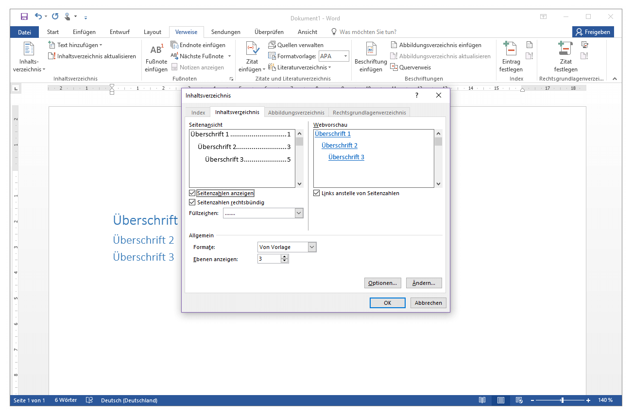 Microsoft Word 2016: Dialogfenster zur Konfiguration eines benutzerdefinierten Inhaltsverzeichnisses