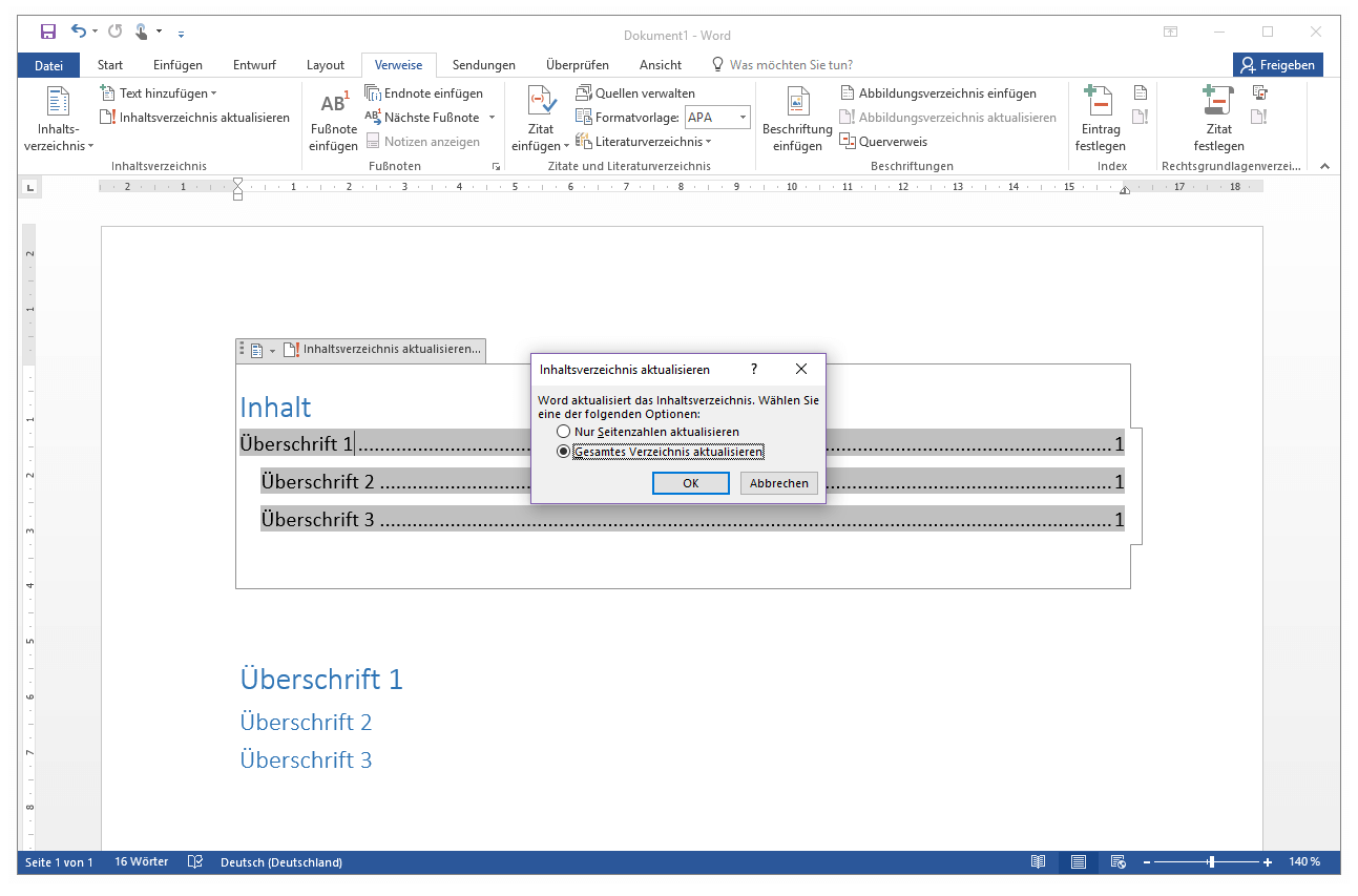 Microsoft Word 2016: Die Bearbeitungsansicht des vorkonfigurierten Inhaltsverzeichnisses