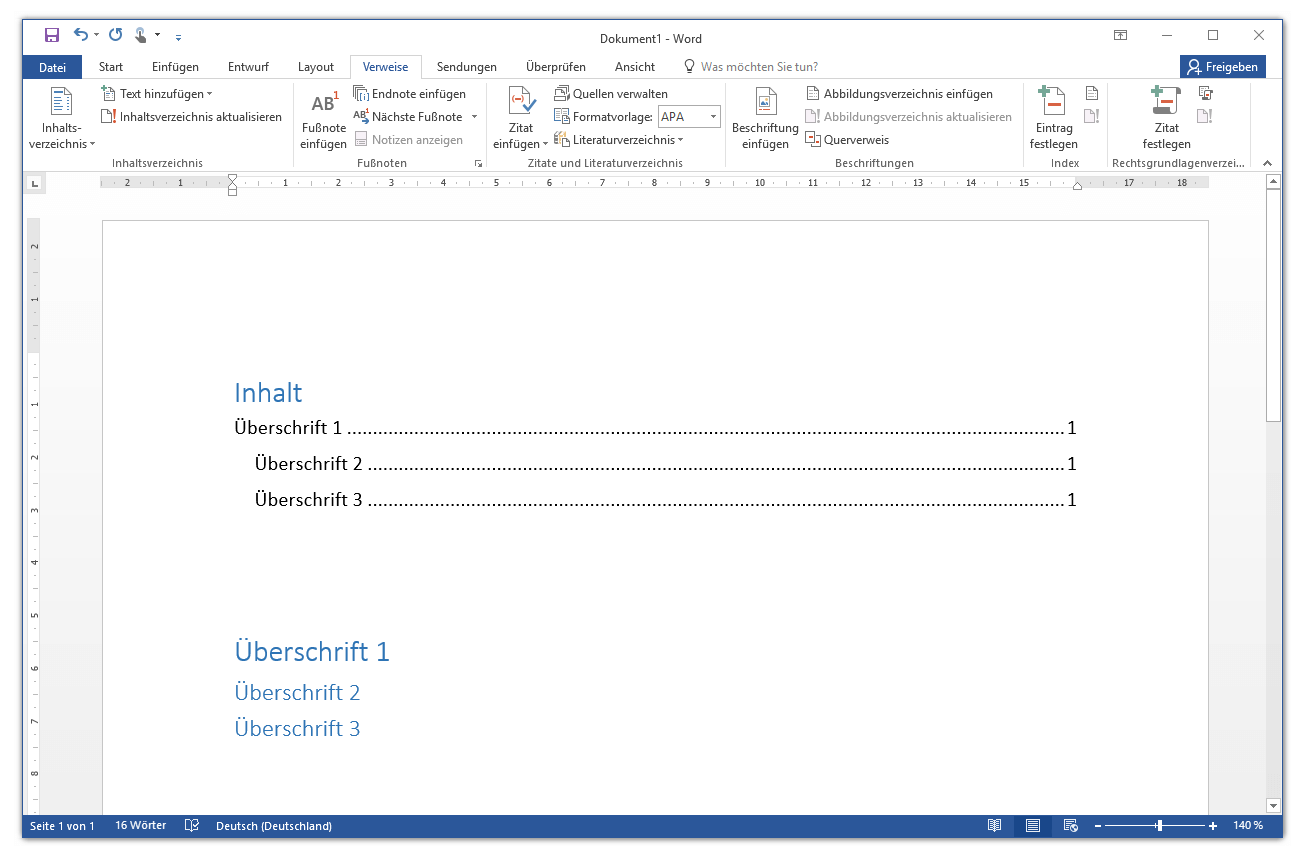 Microsoft Word 2016: Inhaltsverzeichnis im Format „Automatische Tabelle 1“