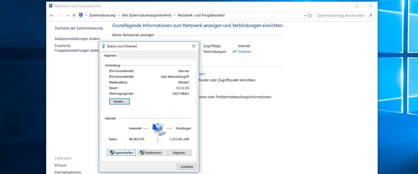 Netzwerk- und Freigabecenter in Windows 10