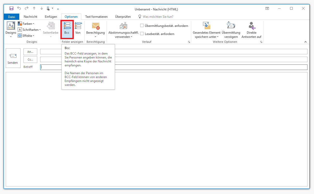 Outlook 2016: Die Schaltfläche „Bcc“ auf der Registerkarte „Optionen“