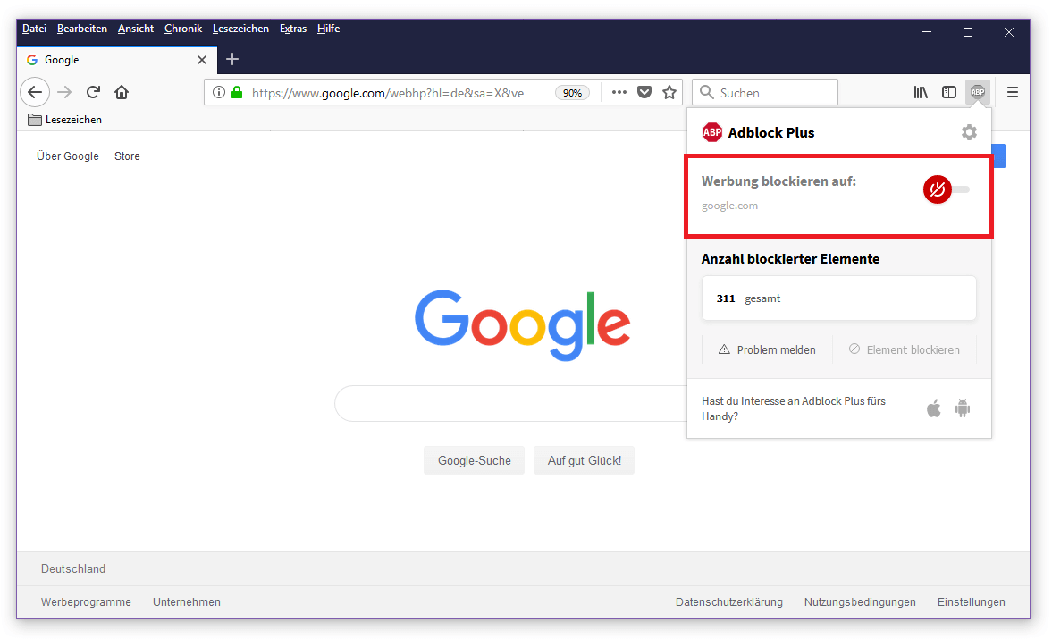 Schnelleinstellungen des Werbefilter-Add-ons Adblock Plus in Mozilla Firefox