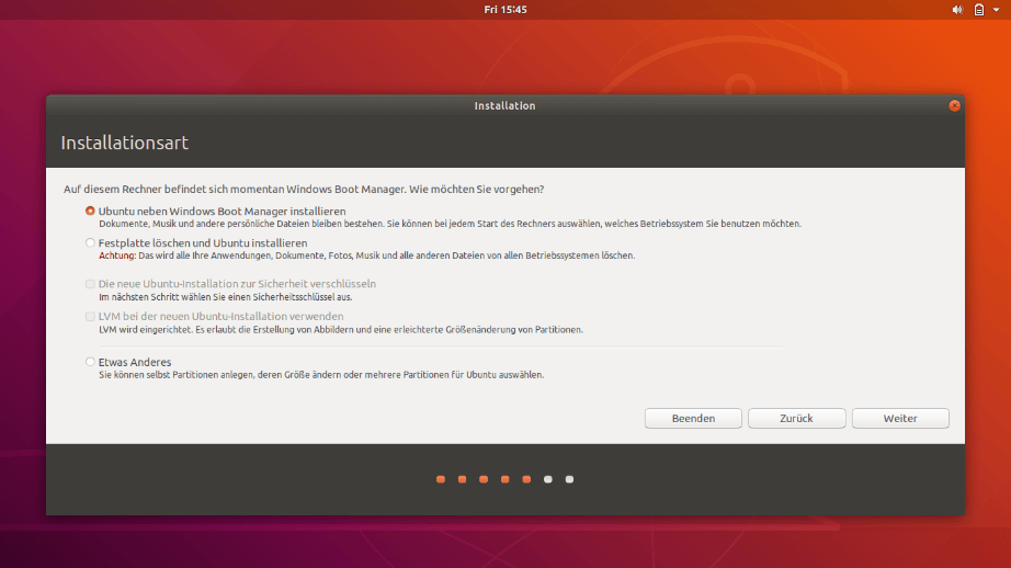 Ubuntu-Installationsart: Parallelsystem oder einziges Betriebssystem