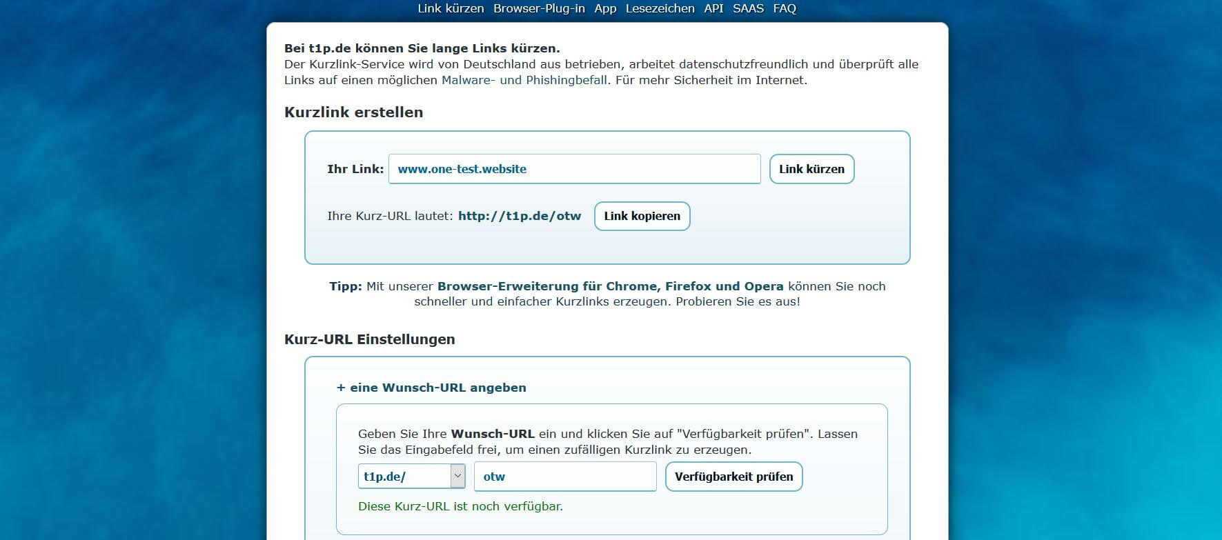 Screenshot des URL Shortener t1p.de