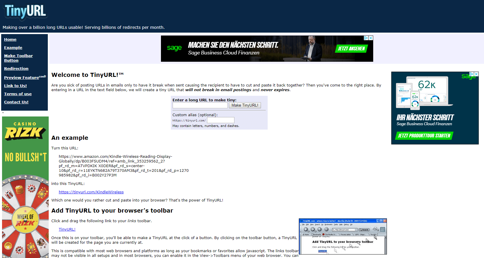 Screenshot des URL Shortener TinyURL-Homepage