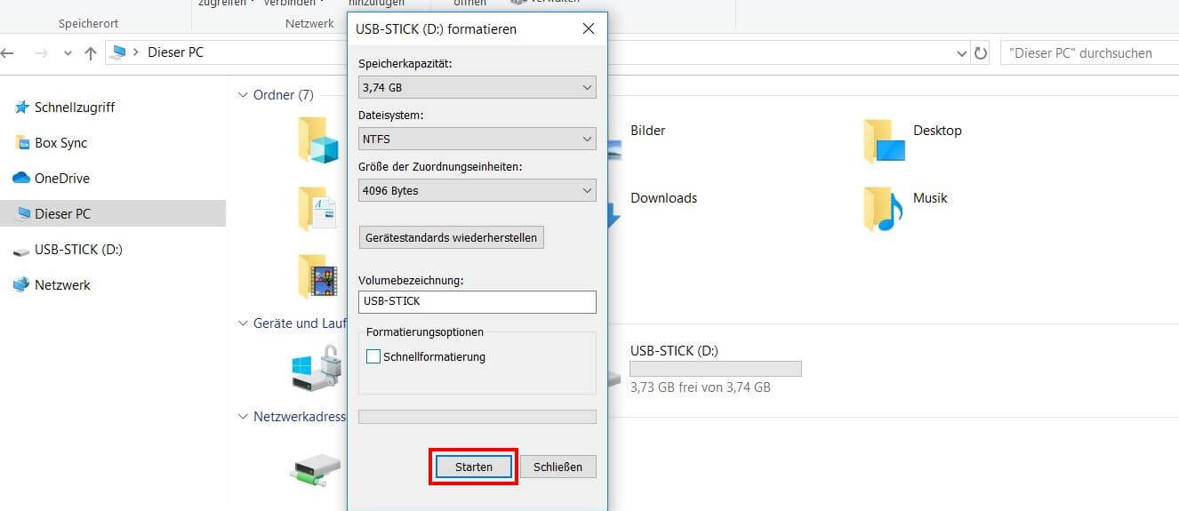 USB-Stick formatieren in Windows 10