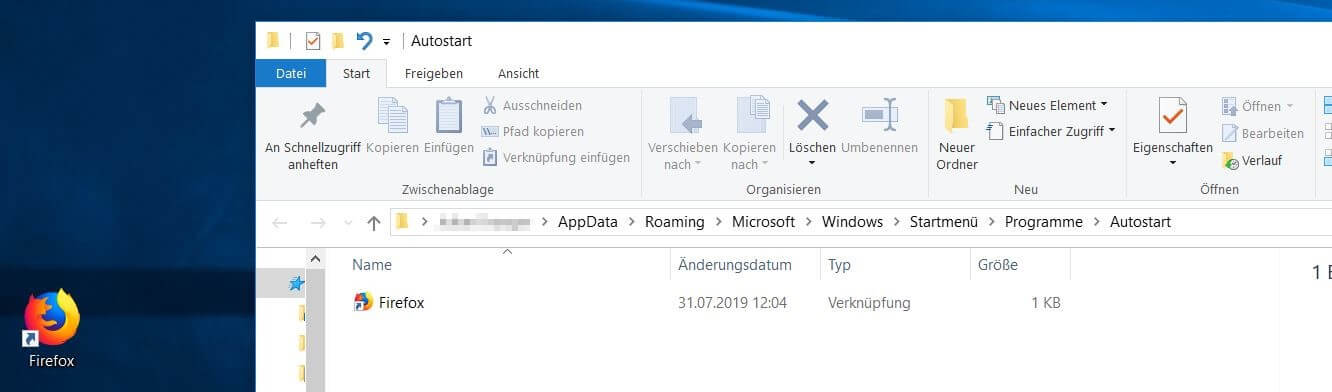 Verknüpfung im benutzerspezifischen Autostart-Ordner von Windows 10