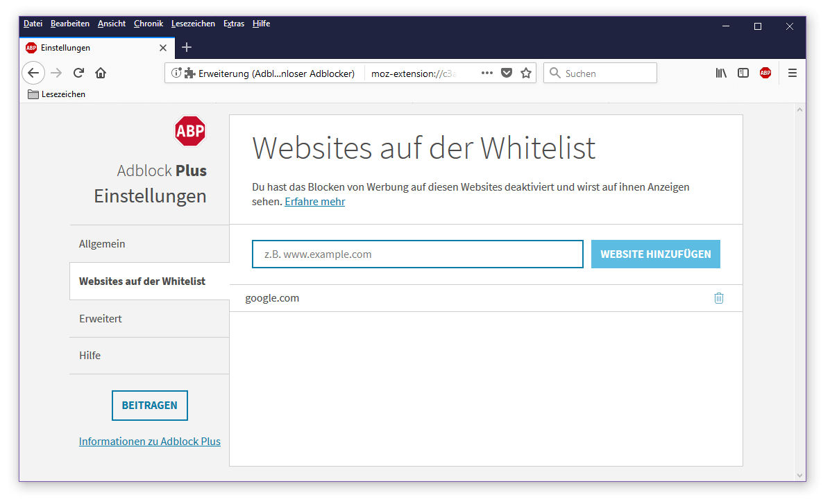 Whitelist des Werbefilter-Add-ons Adblock Plus in Mozilla Firefox