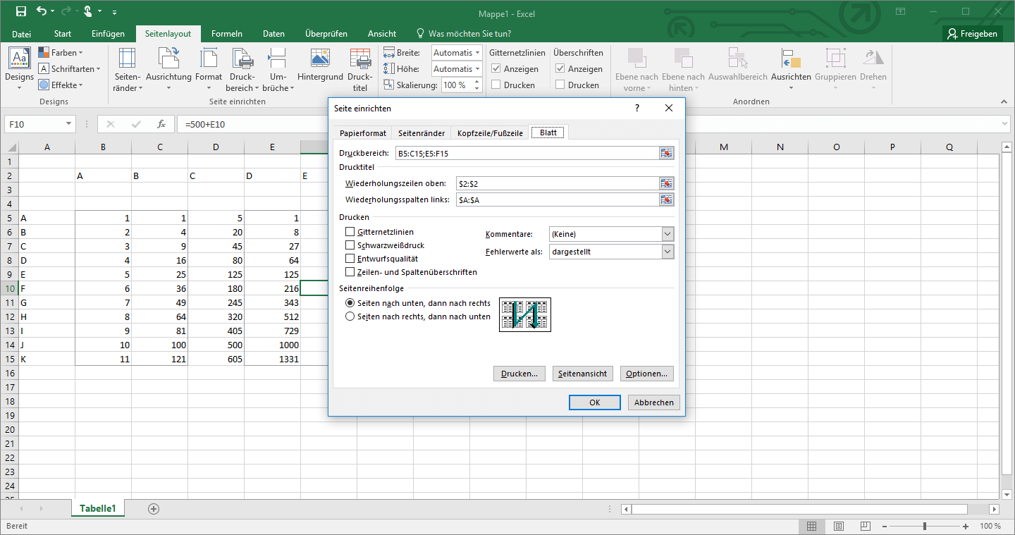 Wiederholungszeilen und -spalten über den Drucktitel in Excel einstellen