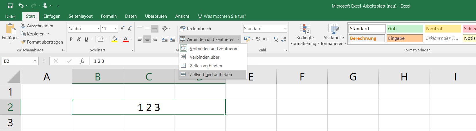 Zellenverbund-Beispiel in Excel 2016