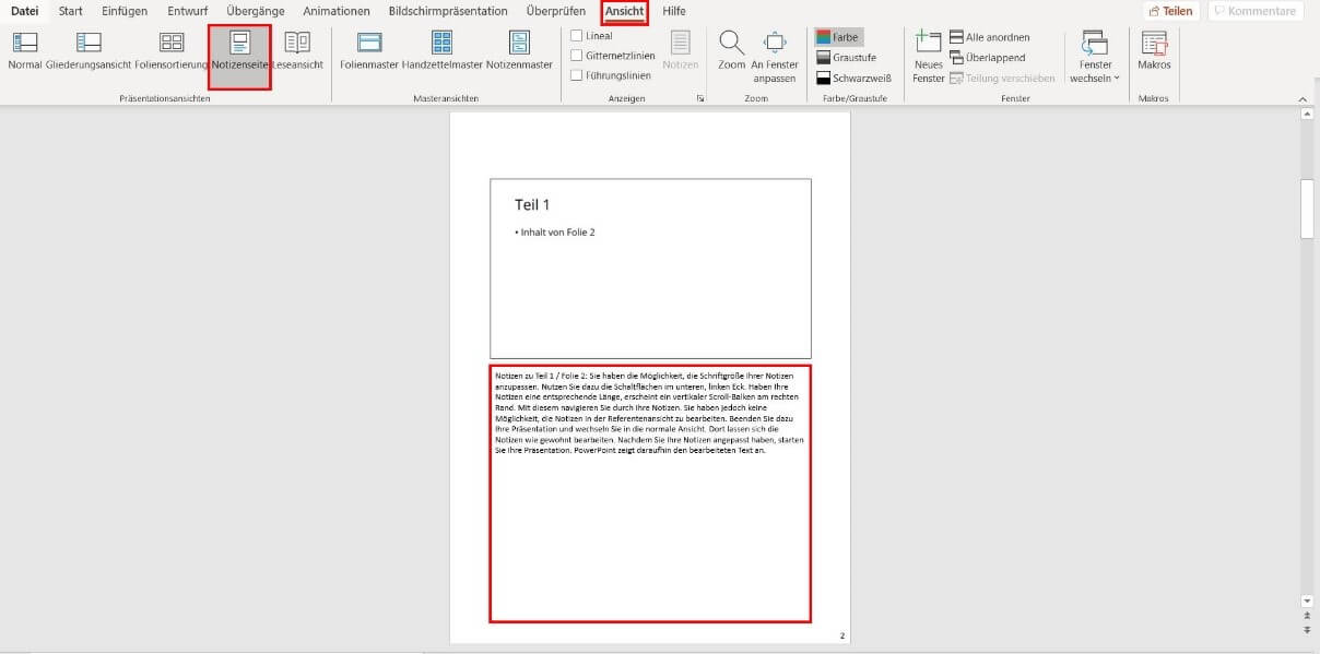 PowerPoint-Notizenseite: Einfügen von PowerPoint-Notizen