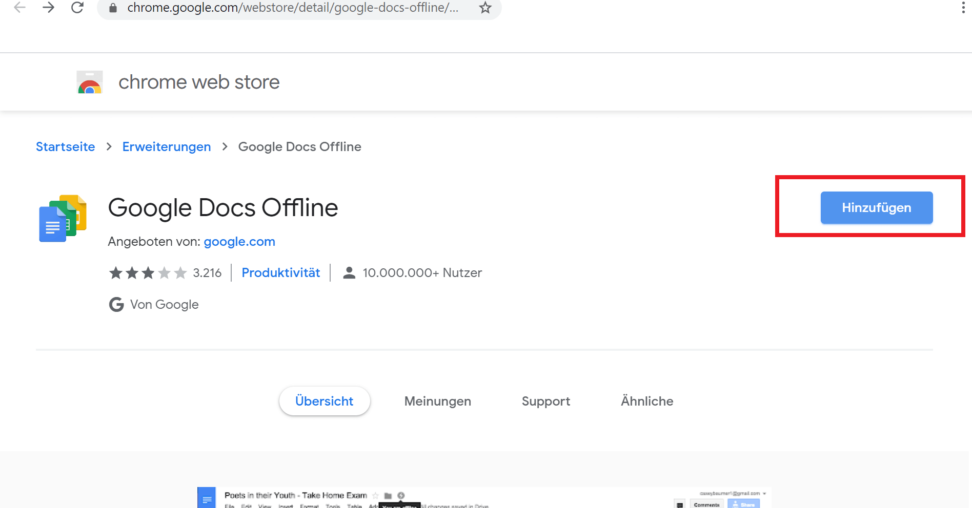 Chrome Web Store: Button, über den sich die Google-Docs-Offline-Erweiterung hinzufügen lässt