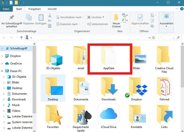 Darstellung von sichtbar gemachten versteckten Dateien in Windows