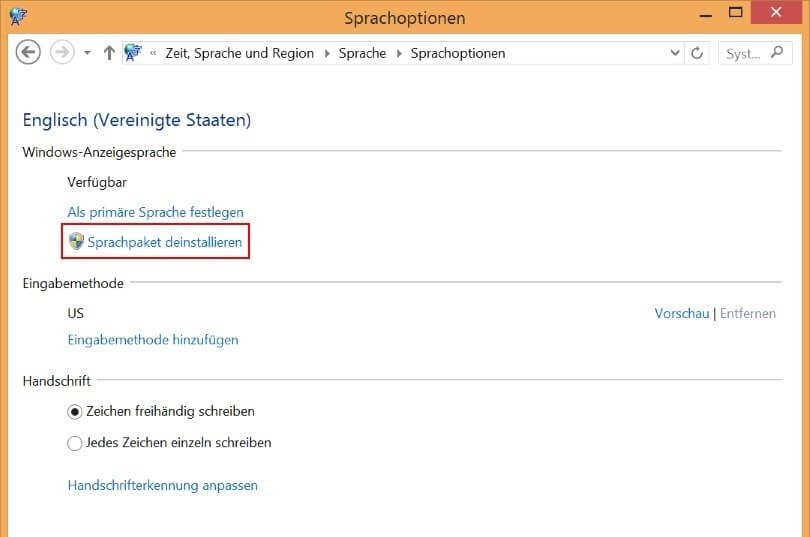 Deinstallation eines Sprachpakets in Windows 8