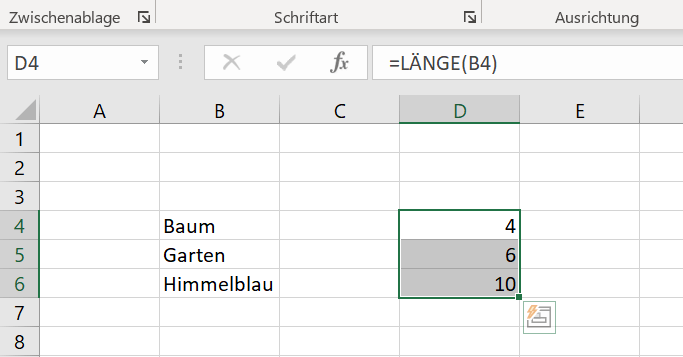 Excel: LÄNGE-Funktion auf mehrere Zellen angewendet