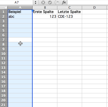 Excel: Per Shortcut markierte Excel-Spalte 